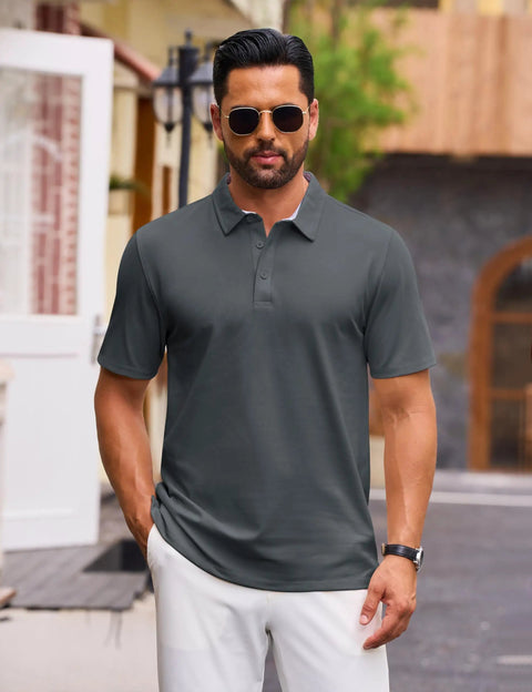 Man wearing Men's Polo Shirt Moisture Wicking Performance Short Sleeve Cotton Pique 3 Button Classic Fit Casual Tee Ideal For Golf And Summer Breathable Durable Dark Gray outdoors