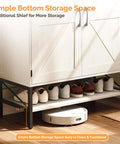 Farmhouse Style Shoe Cabinet With Two Barn Doors, 32 Inch Antique White Storage Organizer showing bottom storage for shoes and robot vacuum