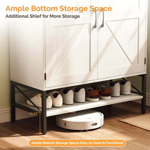 Farmhouse Style Shoe Cabinet With Two Barn Doors, 32 Inch Antique White Storage Organizer showing bottom storage for shoes and robot vacuum