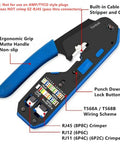 RJ45 RJ12 RJ11 Modular Crimp Tool For Cat5 Cat5e Cat6 Connectors with blue handle, labels showing ergonomic grip, cutter, and crimper