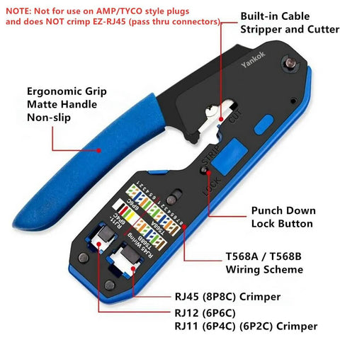 RJ45 RJ12 RJ11 Modular Crimp Tool For Cat5 Cat5e Cat6 Connectors with blue handle, labels showing ergonomic grip, cutter, and crimper