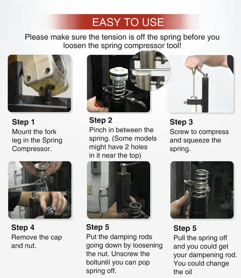 Instructional steps for using must have adjustable motorcycle fork spring compressor tool kit for sport bikes cartridges pro grade and easy to use fits most modern forks for safe quick maintenance and hassle free fork service.