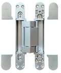 Concealed 3D Adjustable Invisible Hinge Set Of Two Up To 352 Lbs Per Door Satin Chrome shown disassembled for frameless doors.
