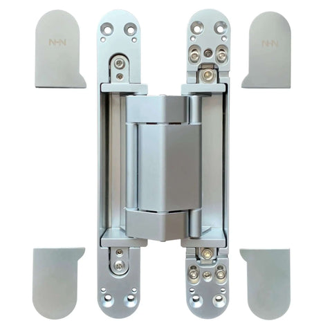 Concealed 3D Adjustable Invisible Hinge Set Of Two Up To 352 Lbs Per Door Satin Chrome shown disassembled for frameless doors.