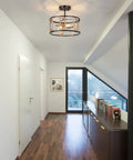 2 Light Modern Semi Flush Mount Ceiling Light With Clear Glass Shade in hallway with wood floor and large window
