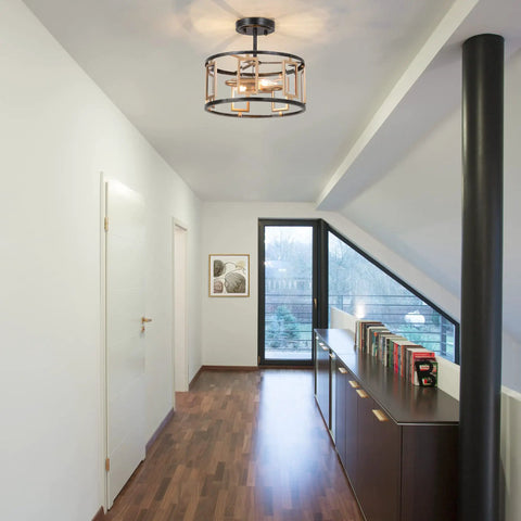 2 Light Modern Semi Flush Mount Ceiling Light With Clear Glass Shade in hallway with wood floor and large window
