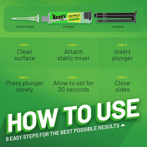 Instructions for Fast Weld Two Part Clear Epoxy Glue With 30 Second Cure, 0.35 oz syringe, detailing six steps of use.