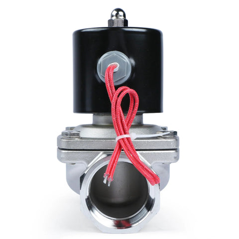 U.S. Solid 1-1/2 inch stainless steel solenoid valve, front view; 12V DC coil, normally closed, Viton seal