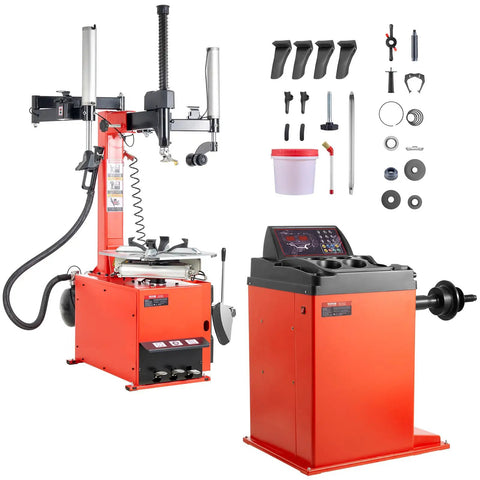 Electric Tire Changer And Balancer Combo With 18 Inch Spindle 2HP Motor shown with accessories for sedans and SUVs
