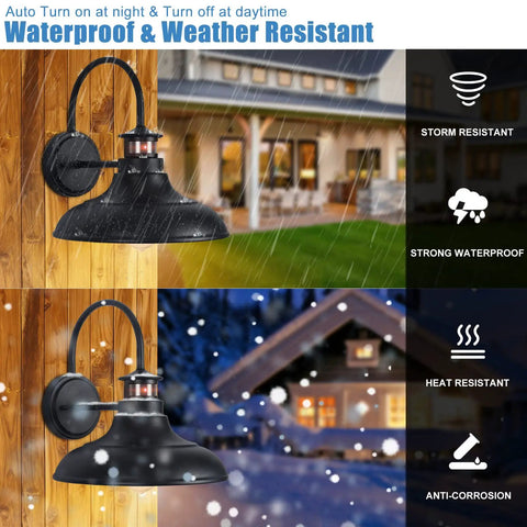 Two Pack Motion Sensor Outdoor Barn Lights Dusk To Dawn Gooseneck 12 Inch Black Wall Mount Porch Lighting For Garage Patio Doorway Exterior Farmhouse Lighting Weather Resistant shown in storm and snow conditions
