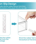 Clear Stackable Storage Drawers 2 Pack Wide Plastic Organizers showing non-slip rubber feet installation for stability.