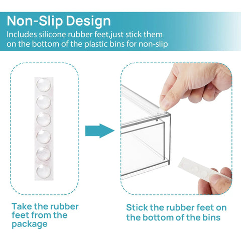 Clear Stackable Storage Drawers 2 Pack Wide Plastic Organizers showing non-slip rubber feet installation for stability.