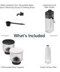 One Touch Automatic Espresso Machine With Integrated Grinder And Smart Milk Frother In Sleek White Delivers Eighteen Shop Quality Shots That Truly Hit Different Every Day includes accessories like bean hoppers and milk carafe.