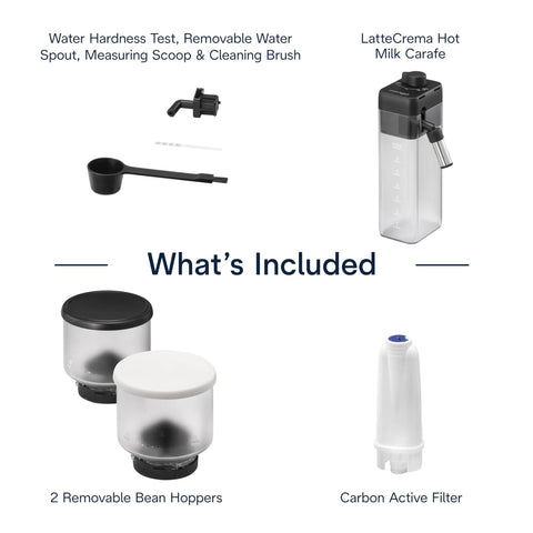 One Touch Automatic Espresso Machine With Integrated Grinder And Smart Milk Frother In Sleek White Delivers Eighteen Shop Quality Shots That Truly Hit Different Every Day includes accessories like bean hoppers and milk carafe.