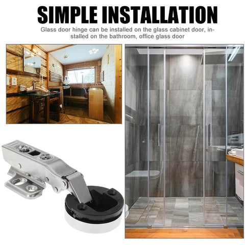 4 Pack Hydraulic Glass Door Hinges With Soft Close Damping For Kitchen Cabinets And Wine Cabinet Doors Quiet Smooth Closing Durable Cabinet Door Hardware displayed next to glass shower door and wooden cabinets.