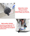 Detail of the adjustable rocker handle and high-quality air cylinder in the Automatic Quantitative Filling And Sealing Machine Packs 10 To 100 Ml.