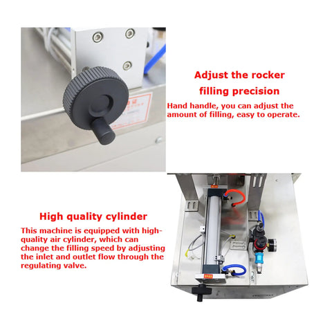 Detail of the adjustable rocker handle and high-quality air cylinder in the Automatic Quantitative Filling And Sealing Machine Packs 10 To 100 Ml.