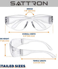 Detailed size chart for 50 Pack Clear Safety Glasses For Men And Women, ANSI Z87.1 Eye Protection, lightweight design.