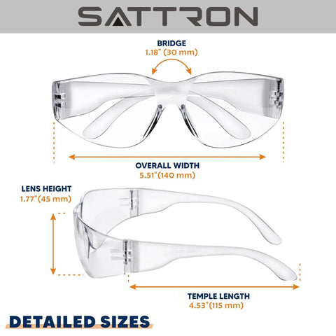 Detailed size chart for 50 Pack Clear Safety Glasses For Men And Women, ANSI Z87.1 Eye Protection, lightweight design.