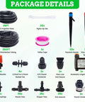 All in One Drip Irrigation System Kit With Two Hundred Twenty Six Feet Of Hose, LCD Timer, And Three Sprayer Types package contents