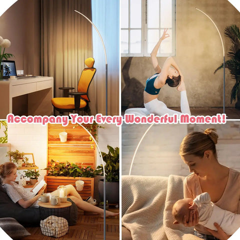 Arc Corner Floor Lamp With 3000K Warm White Cozy Vibes Mood Lighting, illuminating different room settings in collage