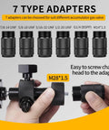 Pro Grade Hydraulic Nitrogen Accumulator Filling Kit with 7 adapters including M28x1.5 in hands, showcasing adapter connection