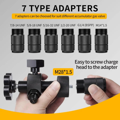 Pro Grade Hydraulic Nitrogen Accumulator Filling Kit with 7 adapters including M28x1.5 in hands, showcasing adapter connection