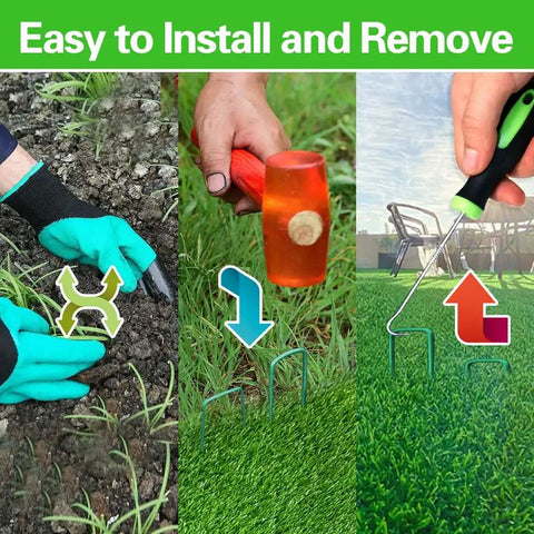 Easy installation and removal of Heavy Duty Green Landscape Staples 50 Pack 6 Inch Garden Stakes For Turf And Ground Fabric 11 Gauge Galvanized Lawn Pins Ideal For Weed Barrier Sod Fences Irrigation Tubing And Outdoor DIY Projects