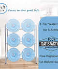 Beefy Heavy Duty 3 Tier 5 Gallon Water Bottle Rack For Home Office Kitchen Storage with six water jugs on carbon steel stand