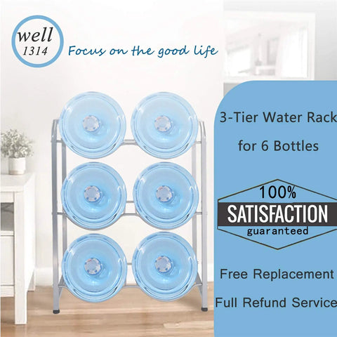 Beefy Heavy Duty 3 Tier 5 Gallon Water Bottle Rack For Home Office Kitchen Storage with six water jugs on carbon steel stand