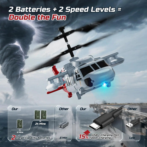 Black Hawk Style RC Helicopter With 2 Batteries And 26 Minute Flight Time Indoor Flying Toy For Kids And Adults 2.4GHz Remote