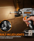 Cordless Impact Driver Kit Delivers Beastly 2655 Inch Pounds Torque For All Your Fastening Needs Quarter Inch All Metal Hex Chuck Variable Speed Comes With 2 Amp Battery One Hour Charger 26 Impact Bits And Handy Tool Bag being used on wood with built-in LED lights
