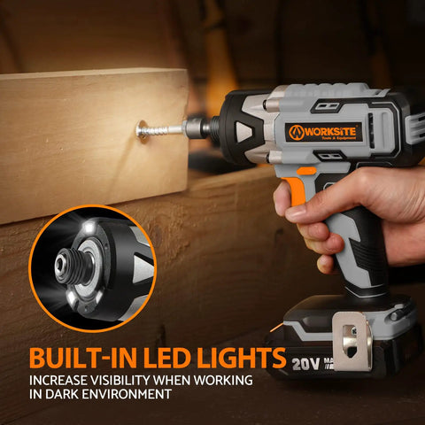 Cordless Impact Driver Kit Delivers Beastly 2655 Inch Pounds Torque For All Your Fastening Needs Quarter Inch All Metal Hex Chuck Variable Speed Comes With 2 Amp Battery One Hour Charger 26 Impact Bits And Handy Tool Bag being used on wood with built-in LED lights