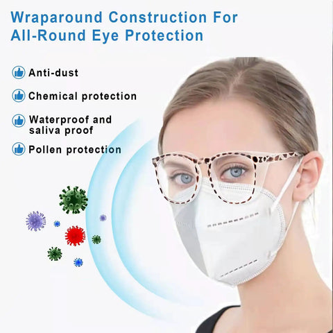 Four Pack Anti Fog Safety Glasses With Side Shields For Women Nurses Protective Eyewear shown with a mask and virus icons.