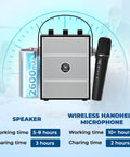 All In One Wireless Voice Amplifier With Handheld Mic And Portable Bluetooth Speaker For Teachers And Events, Plug And Play Wireless Karaoke Mic For Singing, PA System With Echo And Sound Effects S98 Pro, showing speaker and microphone with battery details.