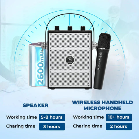 All In One Wireless Voice Amplifier With Handheld Mic And Portable Bluetooth Speaker For Teachers And Events, Plug And Play Wireless Karaoke Mic For Singing, PA System With Echo And Sound Effects S98 Pro, showing speaker and microphone with battery details.