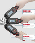 Three Eighths Inch Digital Torque Wrench With Go-To Preset Values And Six Quick Settings, LED display, hands demonstrating modes.