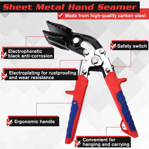 Sheet Metal Hand Seamer 3 Inch Bend Tip Tool For Flattening And Bending Metal with red ergonomic handles and anti-corrosion finish.
