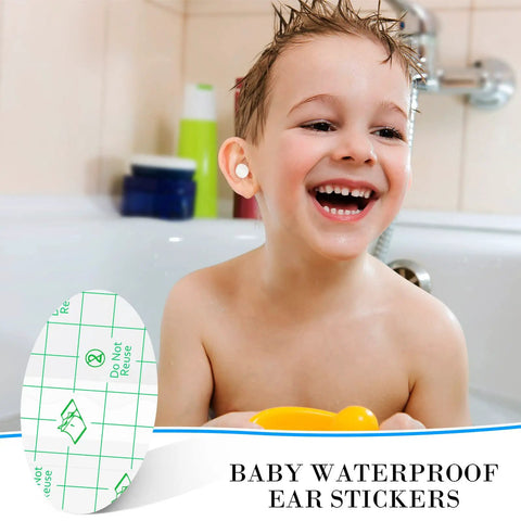Young boy in bath wearing waterproof ear stickers, showcasing 60 Pack Baby Ear Covers For Bath And Water Activities Waterproof Ear Plugs For Swimming Bath Shower Newborn Toddlers Kids White Safe Soft Silicone Comfort Fit Kid Friendly No Fuss