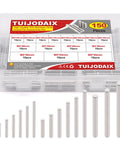 Front view of a clear plastic storage box with 150-piece 304 stainless steel dowel pin set (M3-M5)