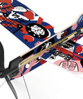 Close-up of colorful patterned wing of Rad Rubber Band Airplane Kit With Low Wing Design For STEM Learning Indoor Outdoor Flight Project Includes Step By Step Learning Booklet And Display Stand No Batteries Required Great For Ages 14 Plus.