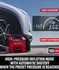 Badass 3 In 1 Cordless Tire Inflator And Portable Car Vacuum With Bright Led Work Light showing pressure gauge and compressor near a car tire.