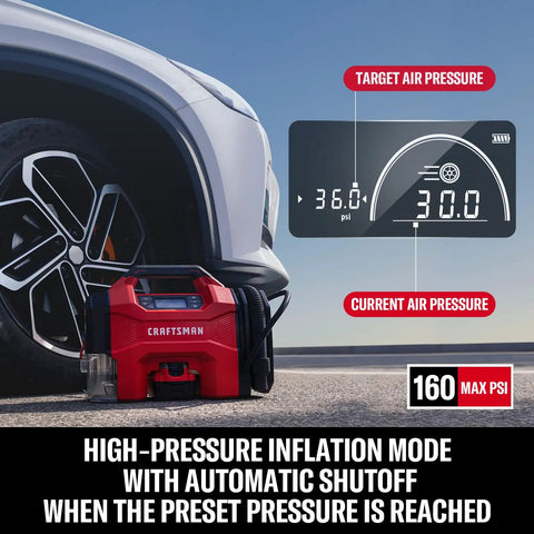 Badass 3 In 1 Cordless Tire Inflator And Portable Car Vacuum With Bright Led Work Light showing pressure gauge and compressor near a car tire.