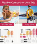 23 Pack TSA Approved Travel Bottles Set With Leakproof Refillable Silicone Squeezable Bottles And Jars For Shampoo Conditioner Lotion Cream In Clear Pink Bag Perfect For Short Getaways And Long Trips displayed with travel scenes.