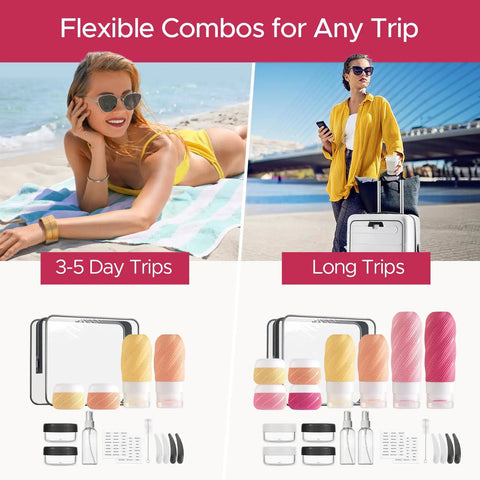 23 Pack TSA Approved Travel Bottles Set With Leakproof Refillable Silicone Squeezable Bottles And Jars For Shampoo Conditioner Lotion Cream In Clear Pink Bag Perfect For Short Getaways And Long Trips displayed with travel scenes.