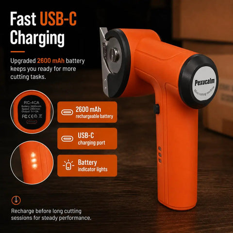 Cordless Electric Cardboard Cutter 3/8 Inch Blade For Thick Shipping Boxes And Cartons shows ergonomic orange handle with USB-C charging and battery indicators.