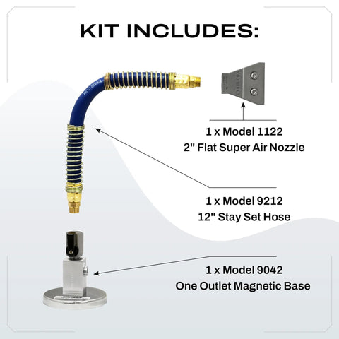 Flat 2 Inch Pro Grade Super Air Nozzle Blowoff Kit With Stay Set Hose And Magnetic Base includes 12 Inch Hose components