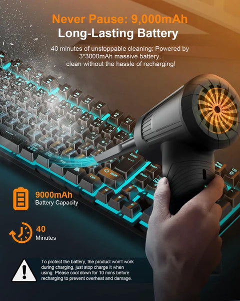 11 In 1 Compressed Air Duster With 120000 RPM Adjustable 3 Gear Settings And LED Light used on a keyboard, 9000mAh battery