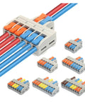 Heavy Duty Quick Push In Wire Connectors With Lever Operated Terminals For Fast Tool Free Splicing Solid Stranded Copper Conductors Flame Retardant Housing Rated 32A And 600V, gray lever connector with red and blue wires