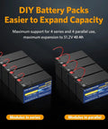 12V 10Ah LiFePO4 Battery Pack With Built In BMS, Dual Pack, 5000 Plus Cycles, Ideal For Power Wheels, Solar, Marine, Fish Finder, And Ride On Toys, Great For Off Grid Setups, Boats, And Solar Systems. Series and parallel battery modules.